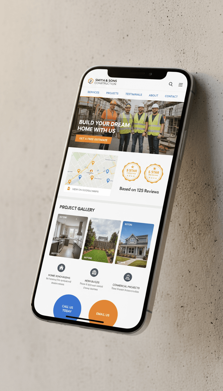 Mobile website displaying contractor services and Google Map integration