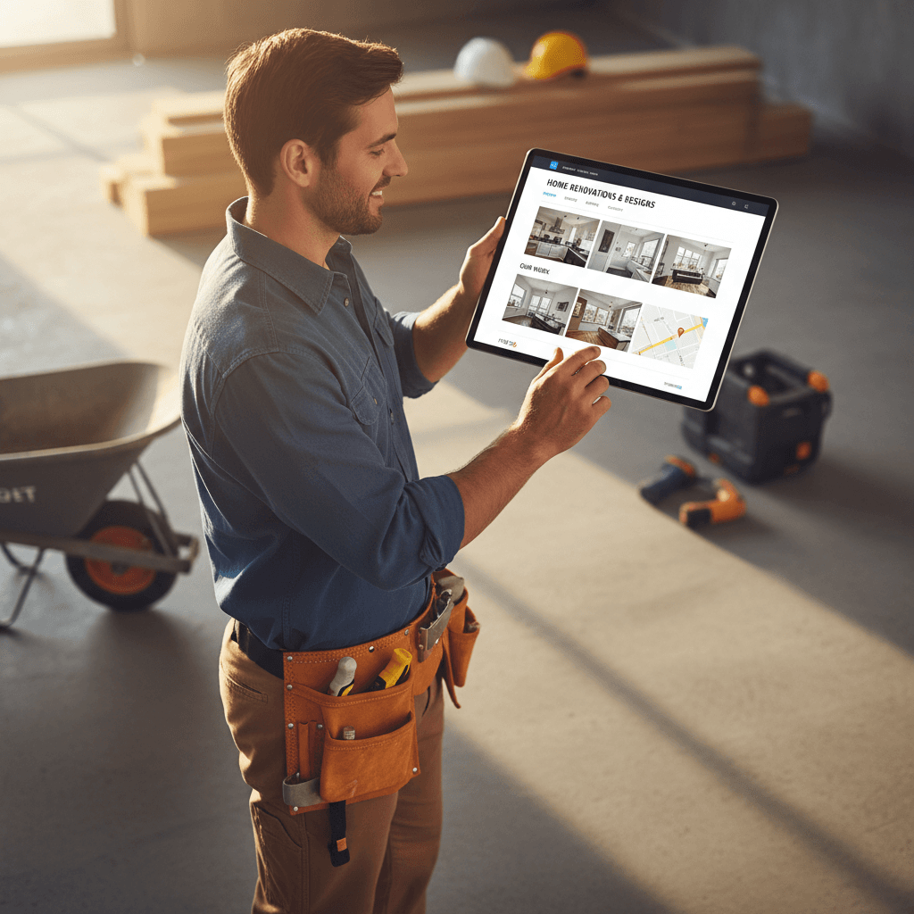Contractor reviewing website mockup on tablet at job site