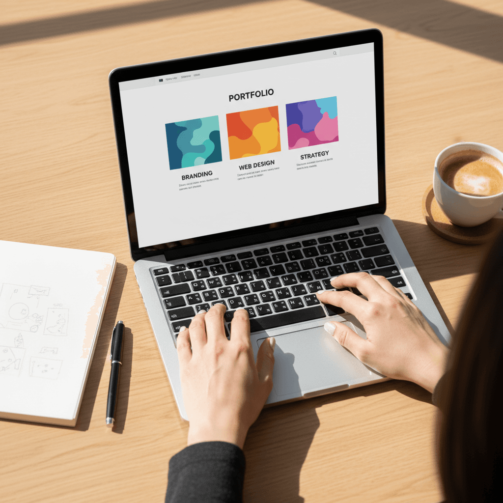 Contractor reviewing website mockup on laptop
