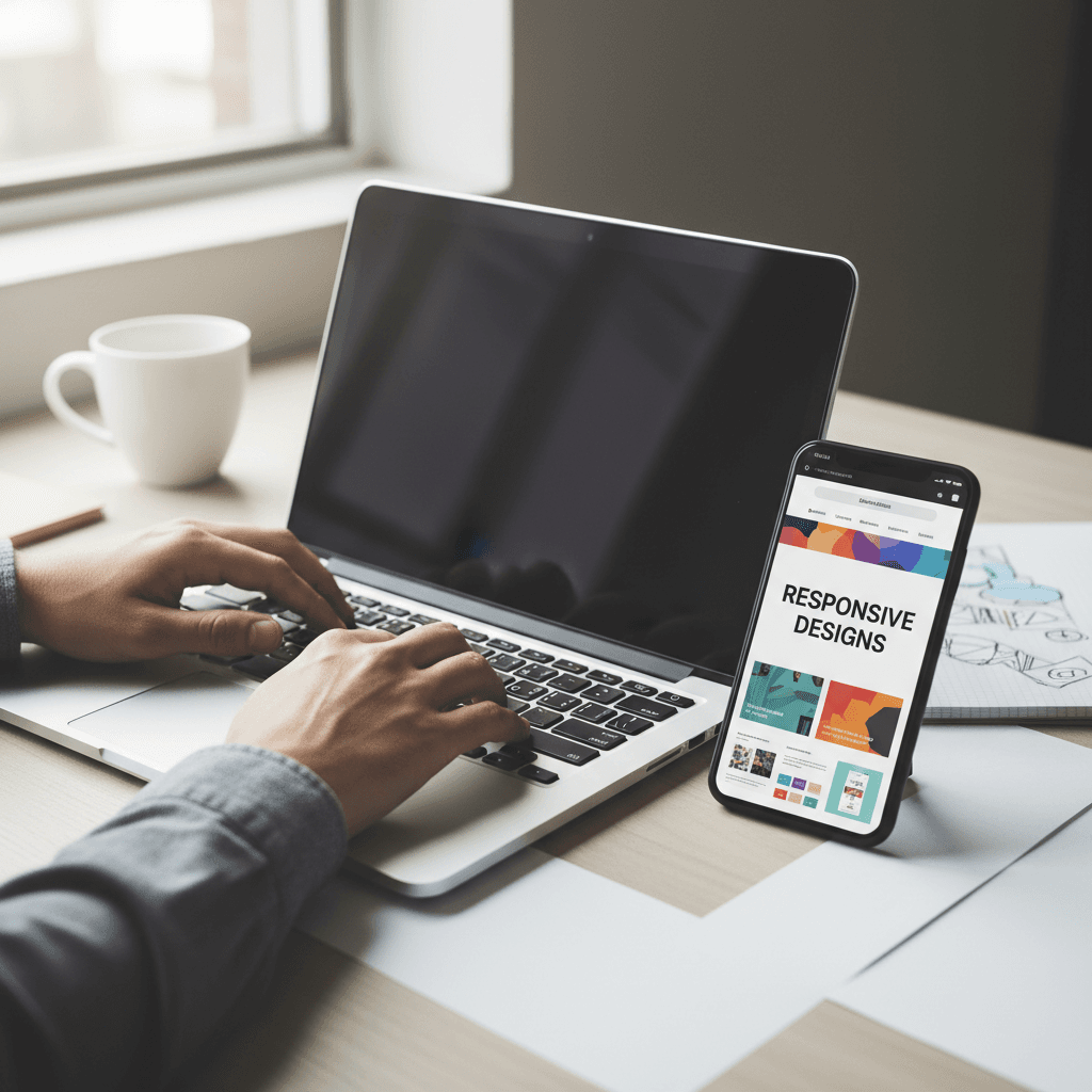 Website design mockup displayed on phone and paper
